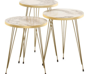 Βοηθητικά τραπέζια σαλονιού Buena pakoworld σετ 3τεμ λευκό μαρμάρου-χρυσό