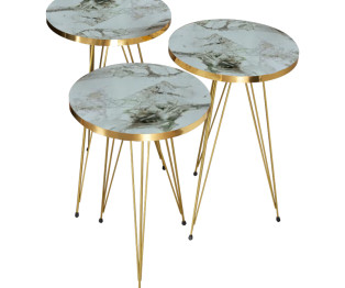 Βοηθητικά τραπέζια Wakmi pakoworld σετ 3τεμ λευκό μπεζ μαρμάρου μελαμίνης-χρυσό μέταλλο